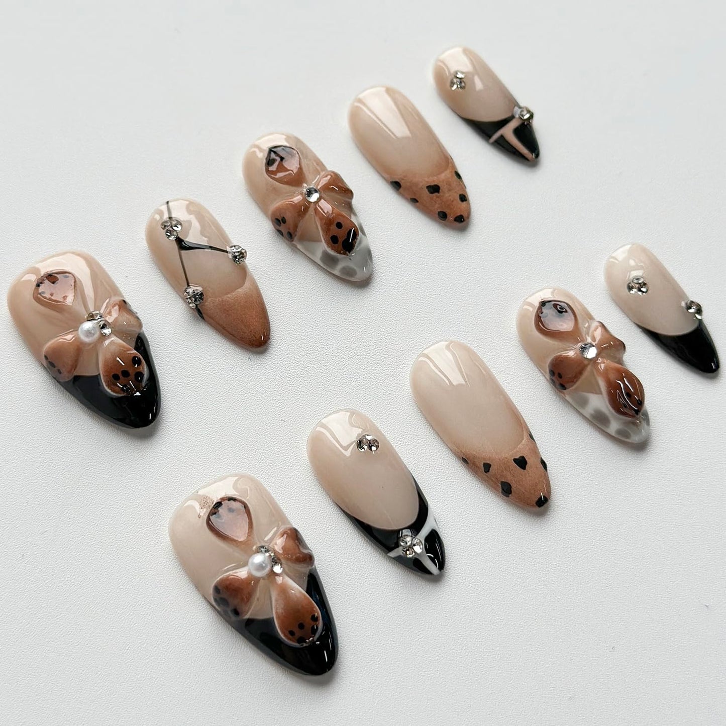 Luxury Press on Nails Short Almond Handmade 3D Unique Reusable ABS Material Fake Nails French Tip False Nails with Designs Polka Dots Flower Rhinestones Brown Glossy Glue on Nail Thick Acrylic Nail(S)