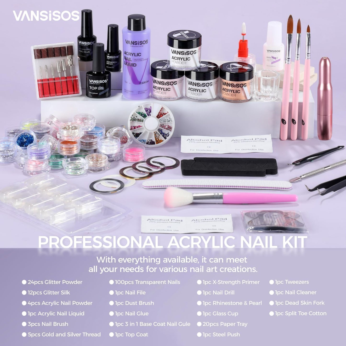 VANSISOS Professional Acrylic Nail Kit with Drill: Complete Nail Kit with Everything Acrylic Powder and Liquid Set with Glitter Powder Brushes X-Strength Primer for a DIY Home Salon Experience