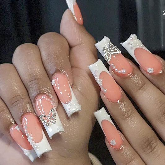 FIEONCIY Press on Nails Long Coffin Shaped Acrylic Glossy Full Cover Long Square French False Nails with Designs Artificial Extra Long Fake Nails with Charms Glue ons Fingernails for Women(DZ1618)