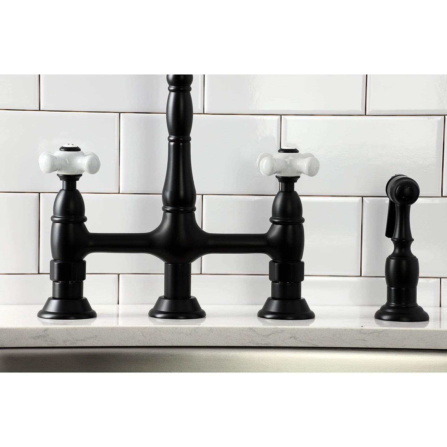 Kingston Brass KS1270PXBS Heritage Bridge Kitchen Faucet with Brass Sprayer, Matte Black