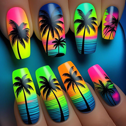 Black Coconut Tree Press on Nails Long Length Colorful Fluorescence Acrylic Nail Full Cover Glossy Ballet Shaped Artificial Stick on Nail Beach Artificial Fingernails DIY Glue on Nails for Women 24Pcs