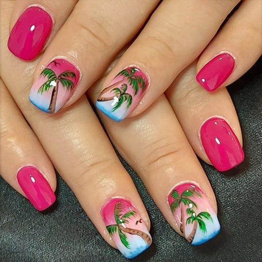 Summer Beach Press on Nails Tropical Palm Tree Designs Pink Gradient Sunset Short Square Vacation Fake Nails Reusable Full cover Stick on False Nail Set for Women 24 Pcs