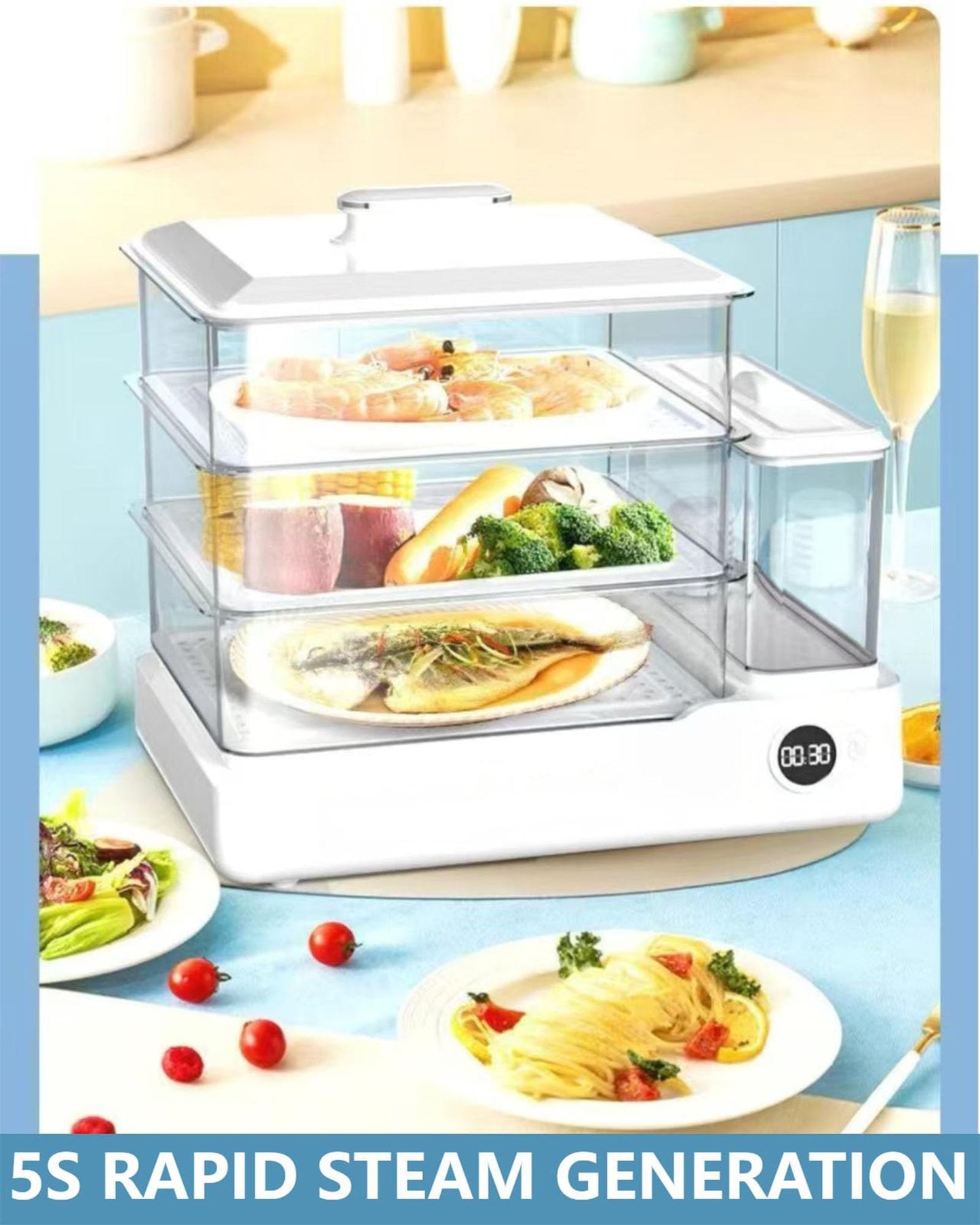 24l Electric Steamer, 800w Household Food And Vegetable Steamer, Automatic Power-Off Breakfast Machine, 24-Hour Delayed Start, Split Type Independent Water Tank, 3-Layer Stainless Steel Tray