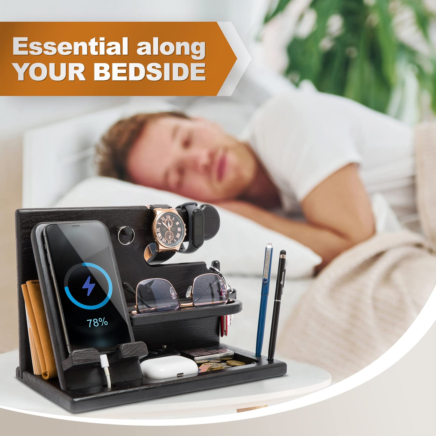 TESLYAR Wood Phone Docking Station for Men - Desk or Nightstand Organizer - Birthday Gifts for Husband, Dad - Anniversary Idea from Wife - Key Holder, Stand Wallet, Watch & Essentials (Granite Black)