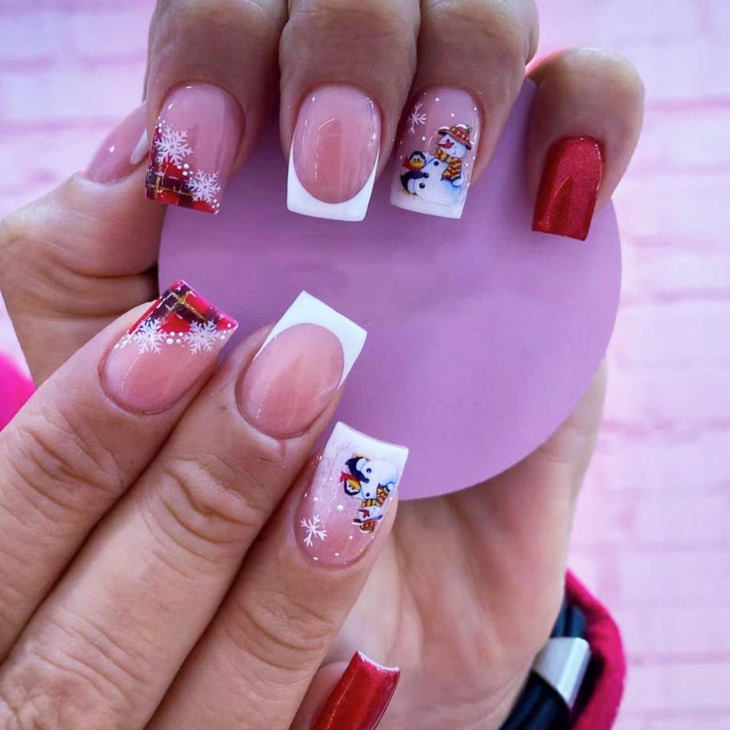 Christmas Medium Square False Nails Snowflake Press on Nails Snowman Gel Glue on Nail 24Pcs Silver Glitter Stick on Fingernails Glossy White French Tips Acrylic Fake Nail for Women Xmas Gift