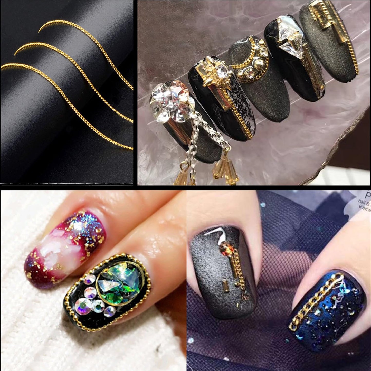 JERCLITY 9 Strips 19.7in Gold Silver Nail Chains for Nail Art 3D Gold Silver Nail Charms Metal Nail Art Chains Punk Nail Charms Accessories for Women Nail Art