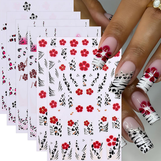 6 Sheets Leopard Print Nail Art Sticker 3D Self-Adhesive French Lines Pink Red Black Hibiscus Flower Leopard Nail Decals Colorful Flower Winter Nails Supplies for Women DIY Manicure Art Decorations