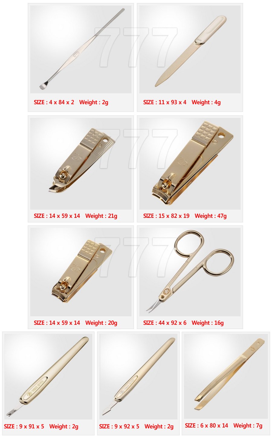 Three Seven 777 Ts-800g Gold Color Travel Manicure Pedicure Nail Clipper Grooming Kit Set (Total 8 Pc, - Made in Korea)