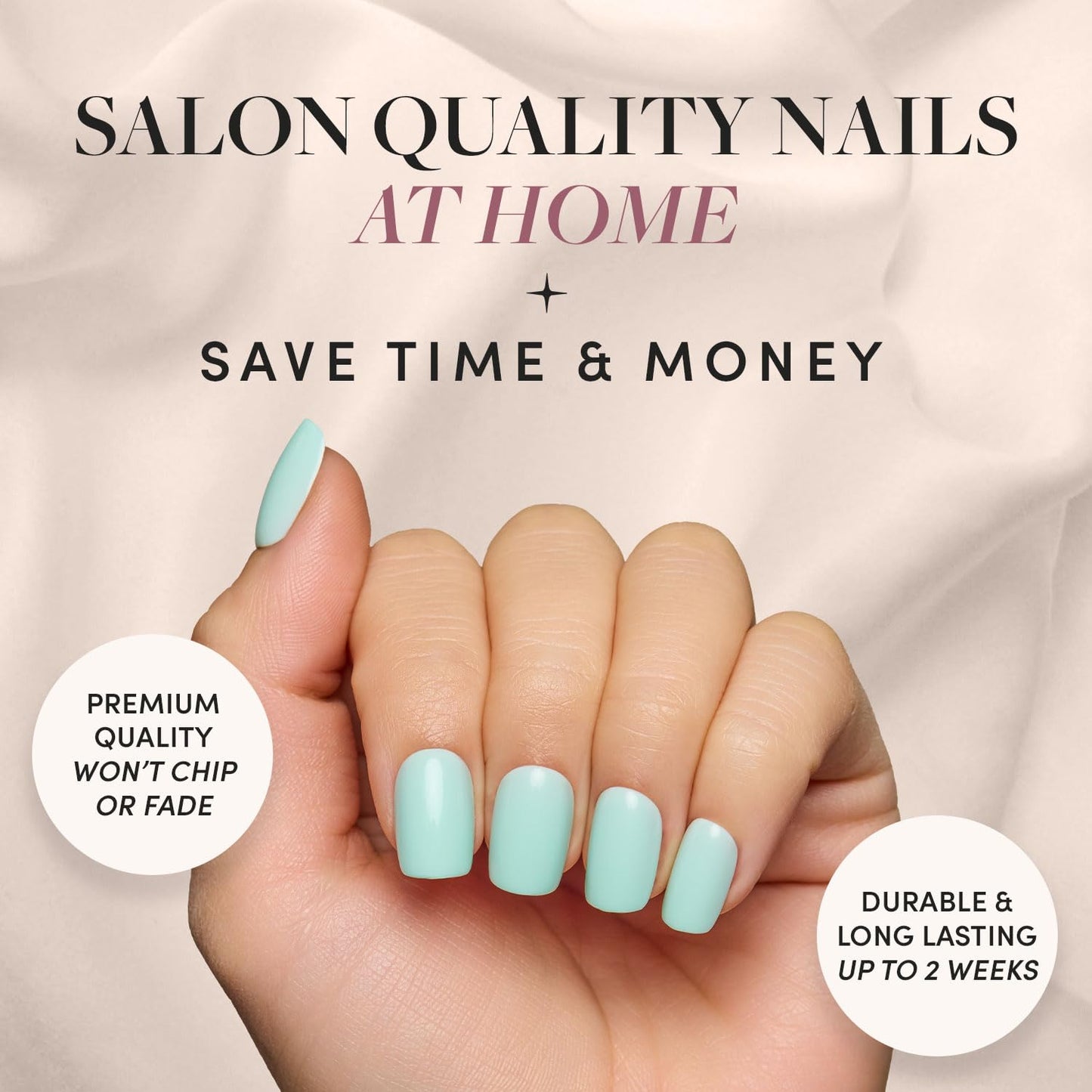 Glamnetic Press-On Nails Bundle - Soft Teal, Fairy Dust & Fiery Red | Short Almond Light Blue Fake Nails with Glossy Finish | Short Oval Beige-Pink False Nails with a Metallic Finish | Bright Red Shor