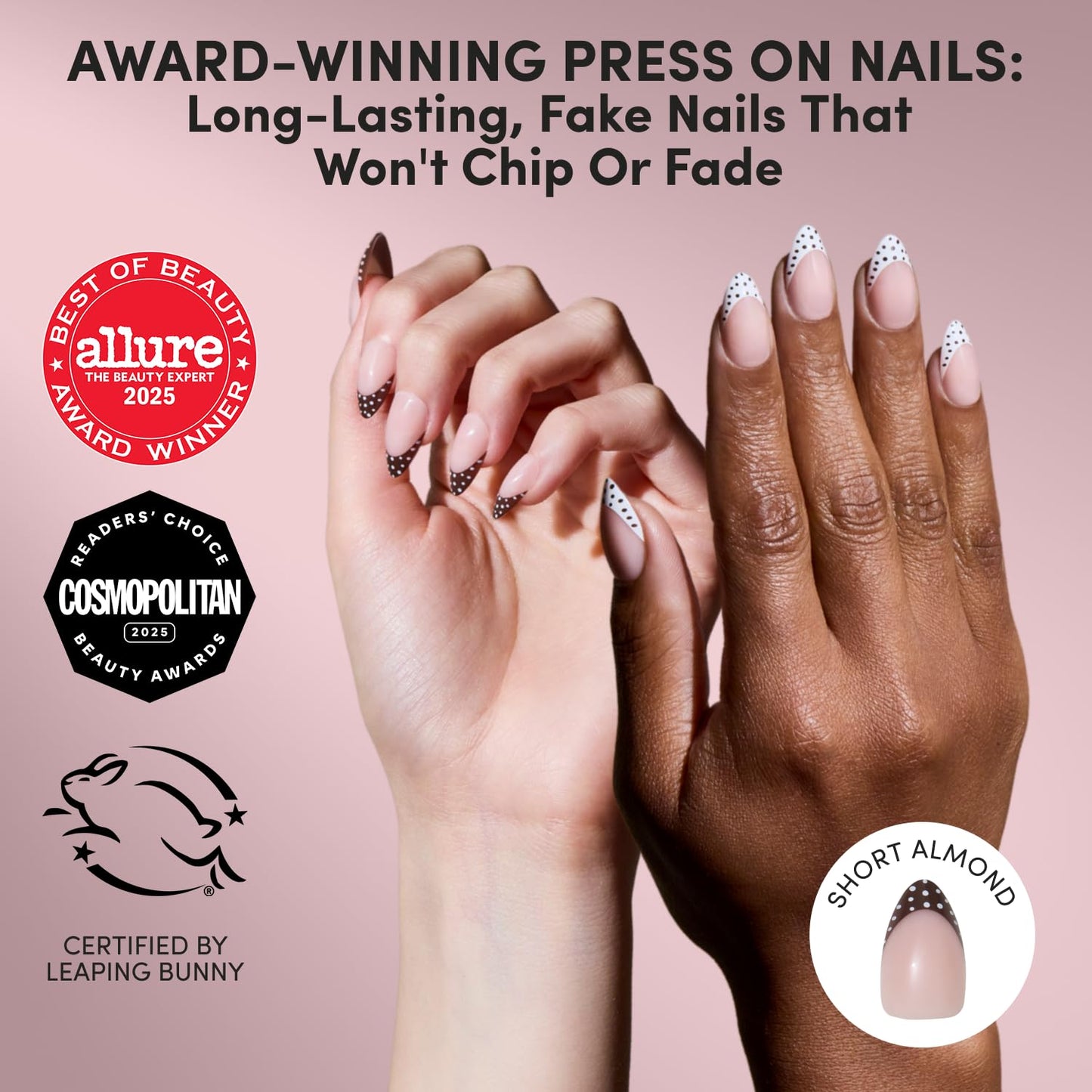 Glamnetic Press On Nails - Short Almond Fake Nails with Polka Dot French Tips, Glossy Finish | Salon Quality | Vacation Nails | Polka in Positano | 15 Sizes - 30 Nail Kit with Glue