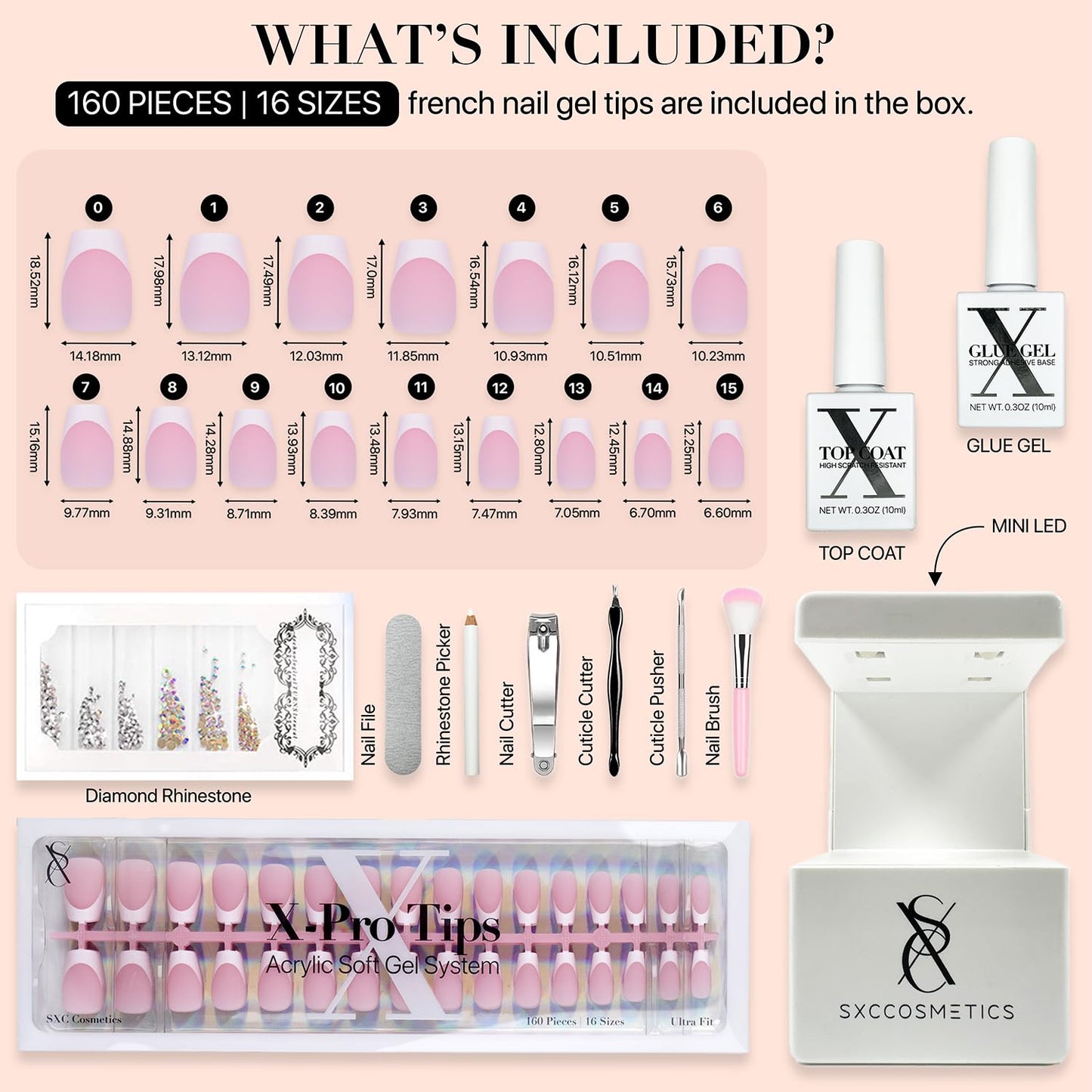 SXC Cosmetics French Tip Press On Nails – Pink Series, Short Coffin Fake Nails X-Pro Tips Starter Kit | 150PCS, 15 Sizes, 5 Styles