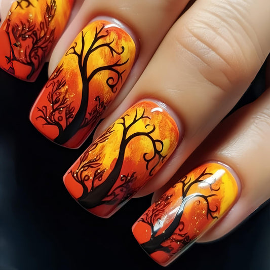 CJDLTS Press on Nails Medium Black Forest Design Orange Square False Nails Glitter Artificial Full Cover Acrylic Coffin Reusable Glue on DIY Stick on for Women 24Pcs