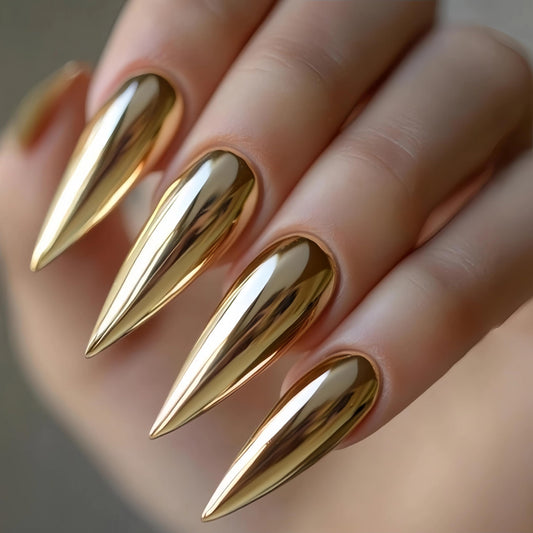 MERVF Long Stiletto Press on Nails Almond, Gold Chrome Fake Nails Solid Color Design Glue ons Luxury Electroplated Acrylic Nail Glossy 24pcs