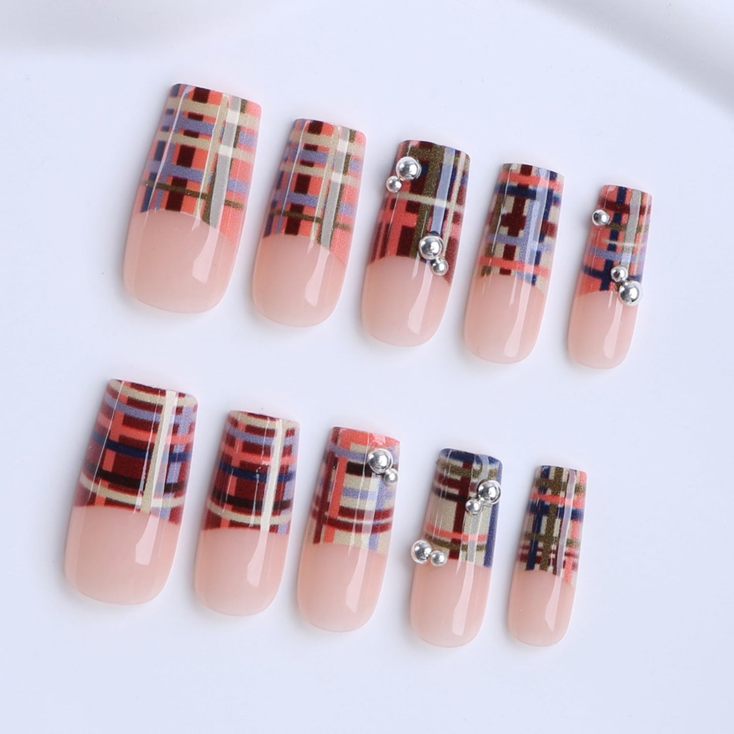 octoswave Press on Nails Medium Square French Tip Plaid Design Fake Nails with Silver Beads Glossy Stick on Nails Manicure Kit for Women Parties and Weddings 24Pcs