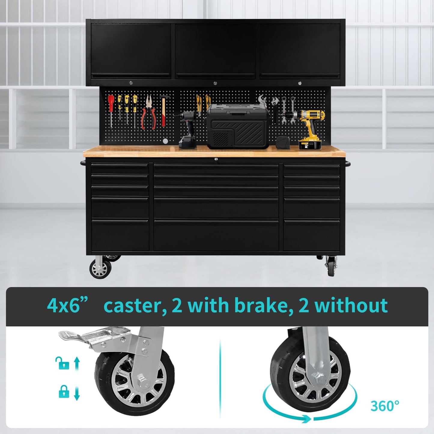 CHETTO C 72 inch Tool Chest Tool Box Mobile 15 Drawers Storage 3 Upper Cabinets SS-Pegboard Rolling Cabinet with Wheels Lock Key Locking System Drawer Liners for Garage Warehouse Repair Shop Black