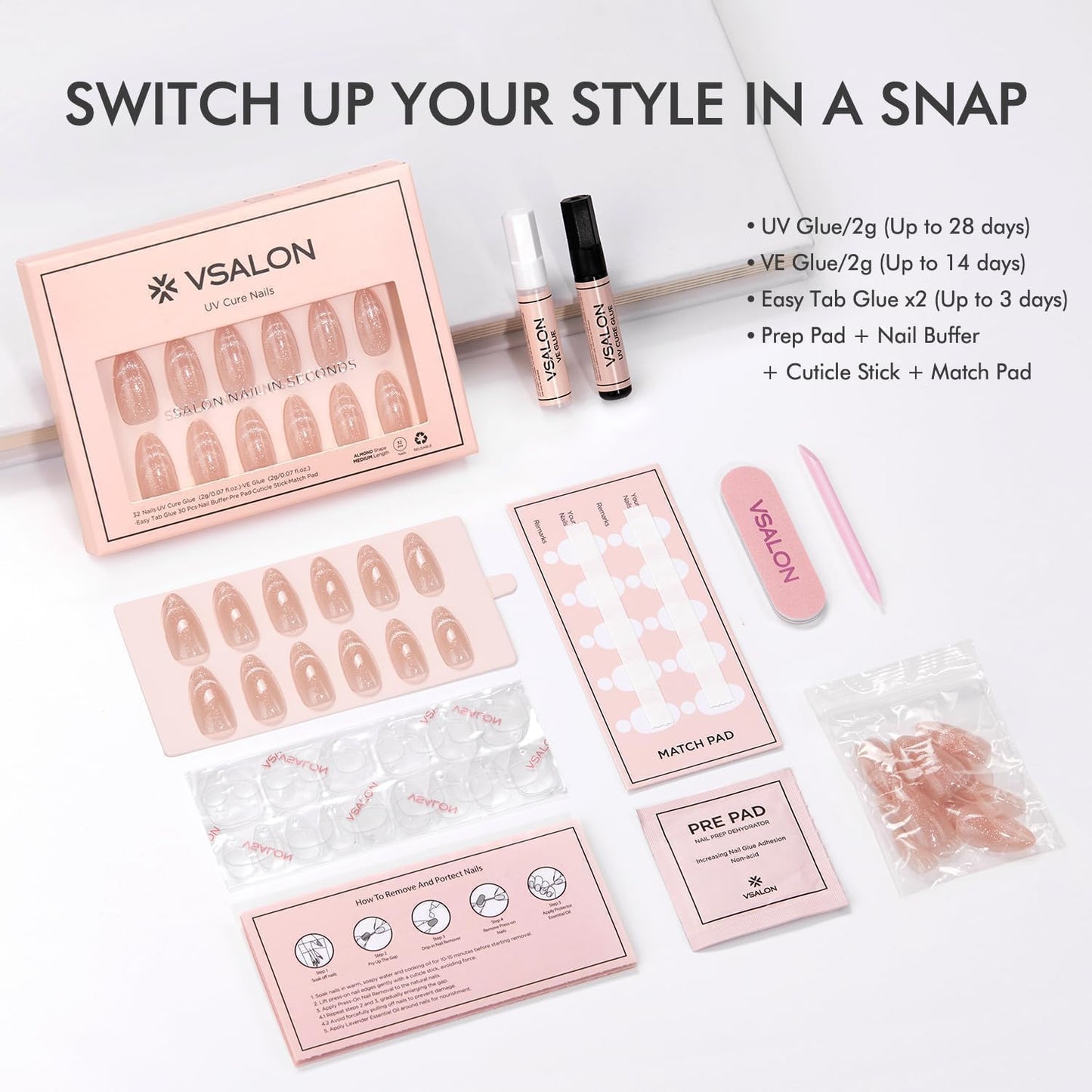 VSALON Almond Medium Press On Nails, Nude Radiant Cat Eye French Tip Sheer Finish Clean Look, Light-Curable 4-Weeks Wearing, Shimmer Nails Kit with Glues - 32 pcs in 16 Sizes