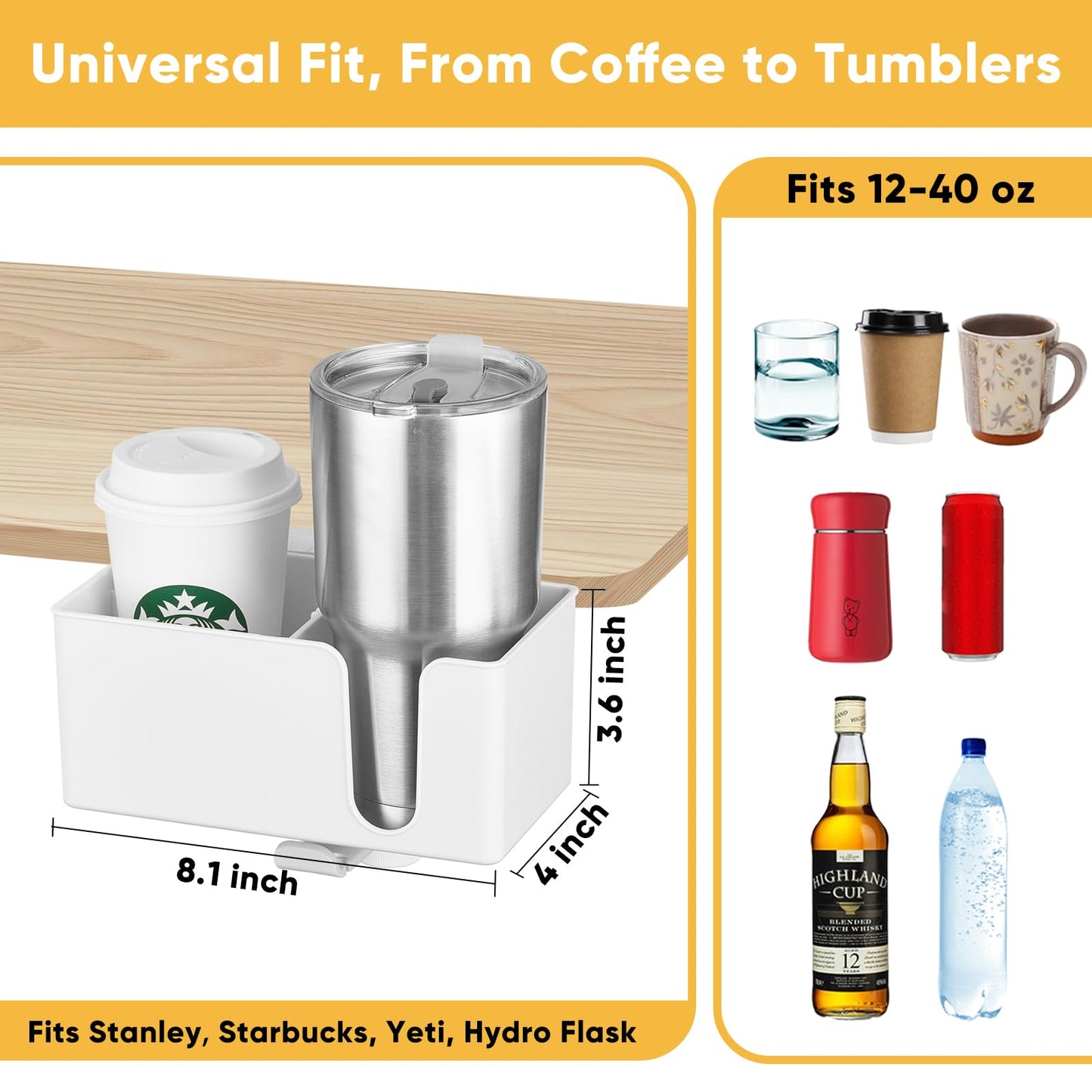 4-in-1 Clip On Desk Cup Holder, Fits up to 40oz cups - Mountable Holder with Adjustable Divider & 360° Rotating Hook - No Spill Clamp On Drink Holder Attachment - for Desk Chair Table Bed Tray - White