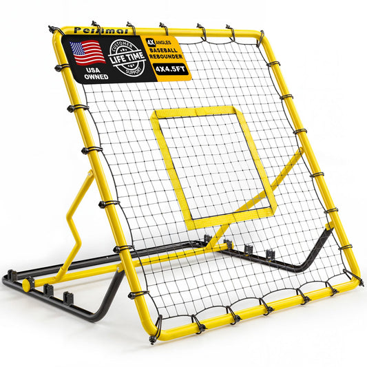 Baseball Rebounder Net,4x4.5FT Multi-Sport Pitch Back Rebounder Steel Frame with 4 Adjustable Angles, 40pcs Bungees Soccer, Volleyball&Lacrosse Trainer for Solo Fielding (Yellow)