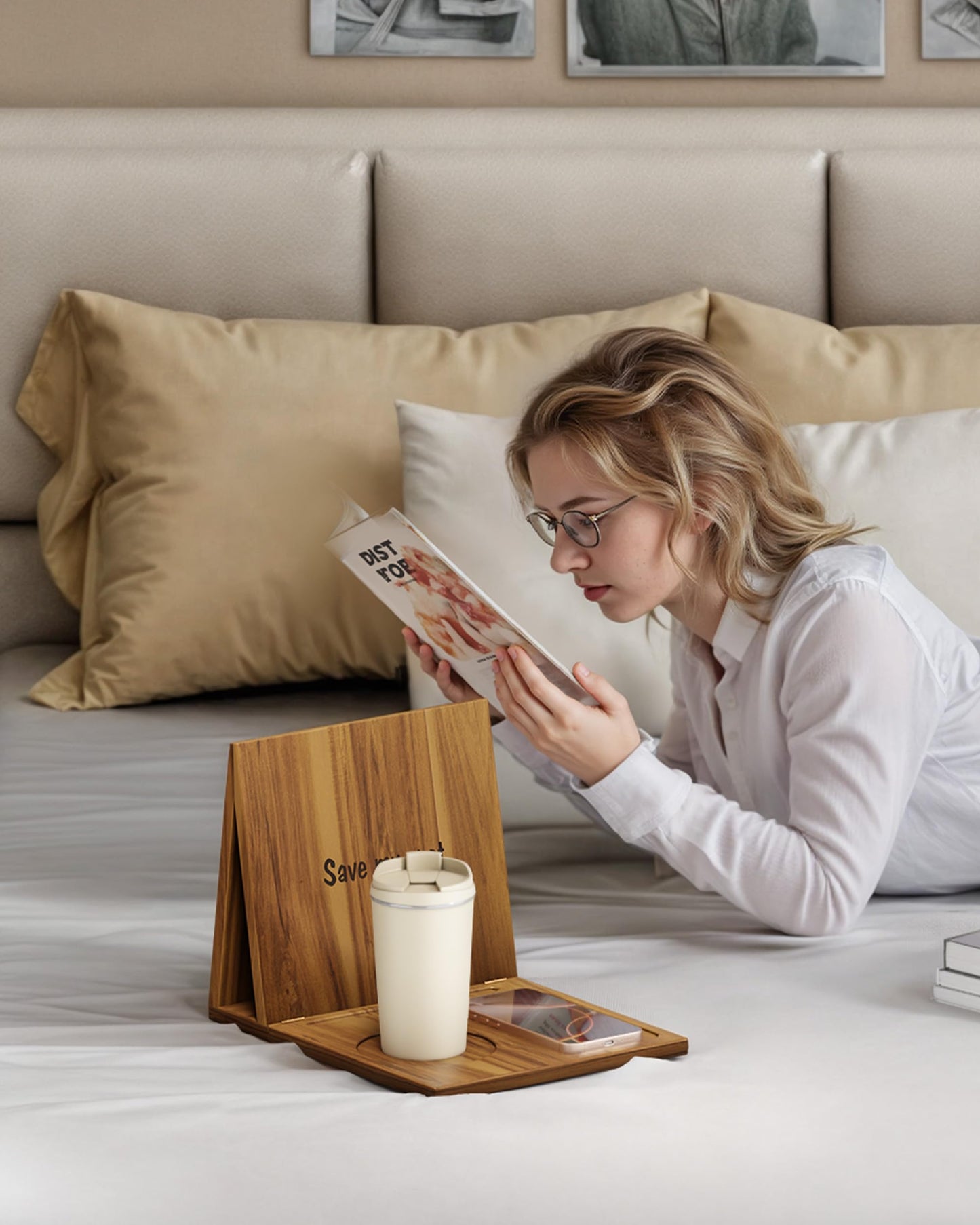 NAGAWOOD Triangle Book Holder, Book Rest, Acacia Foldable Book Nook Reading Valet, Triangle Book Stand with Cup, Pen, Glasses and Phone Holder for Bedroom, Nightstand or Office, Gifts for Book Lover