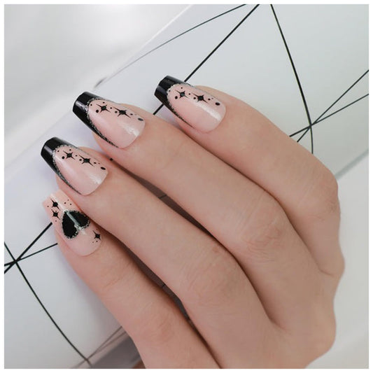 GALSPRO Short Press on Nails - Set of 24 Fake Nails with Designs in 12 Different Sizes for Perfect Fit, Cute False Nails Kit for Women with 0.07oz Nail Glue (NOIR CELESTIAL COFFIN SHAPE, Short)