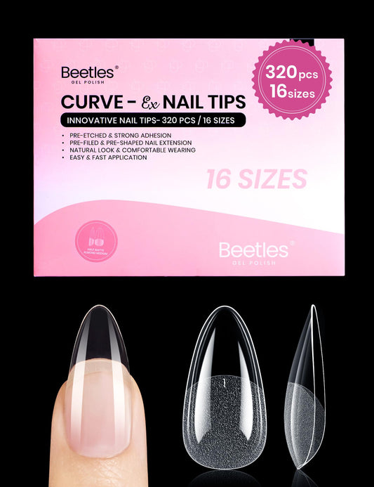 Beetles Gel Nail Tips Curve-EX - Almond Medium, 320pcs 16 Sizes, Etch-X Half Matte Full Cover Soft Acrylic False Press on Nail Tips Easy DIY Nail Extension Art Salon for Curved & Natural Nail Beds