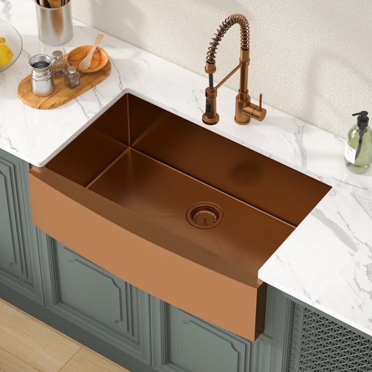 Lordear 33 inch Farmhouse Kitchen Sink Apron Front 16 Gauge Stainless Steel Copper Tone Bronze Deep Single Bowl Kitchen Farm Sink