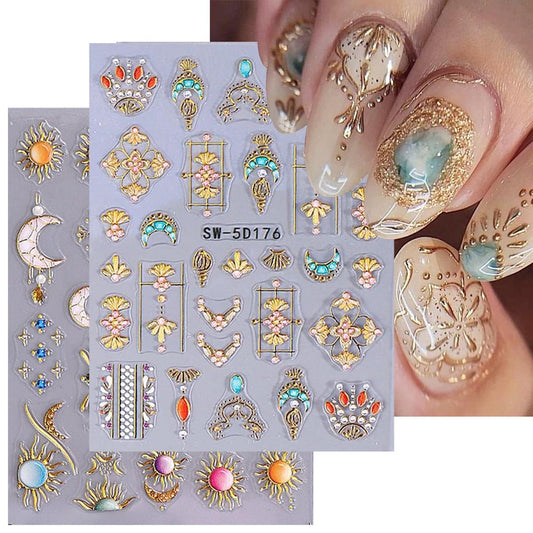 5D Embossed Star Sun Nail Art Stickers Flower Nail Decals Self-Adhesive Bohemian Style Nail Stickers Nail Designs Decoration for Women Girls Nail Art Supplies 2 Sheets