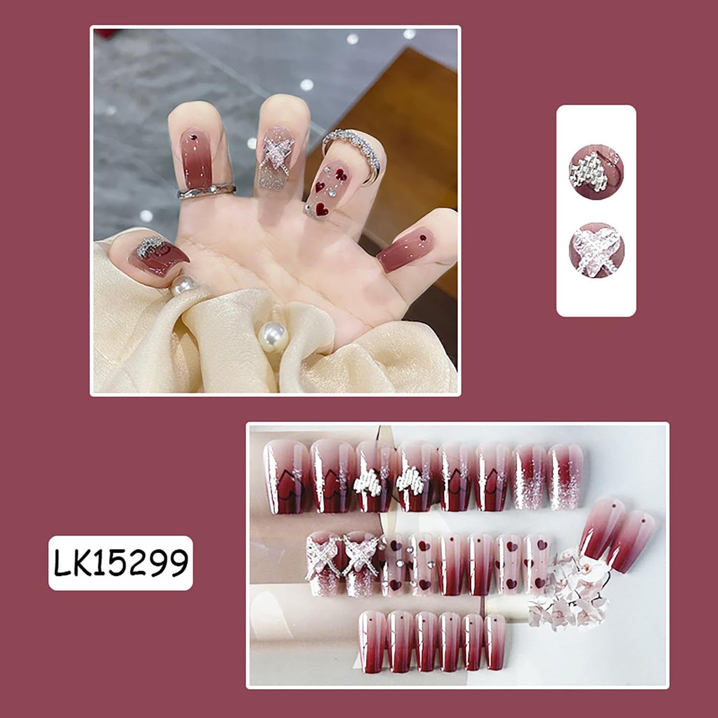 Vezocim Press on Nails Square Medium 24Pcs Glossy Full Cover Coffin Red Fake Nails with Heart Rhinestone Designs Artificial Acrylic False Nails Medium Square Fingernails for Women