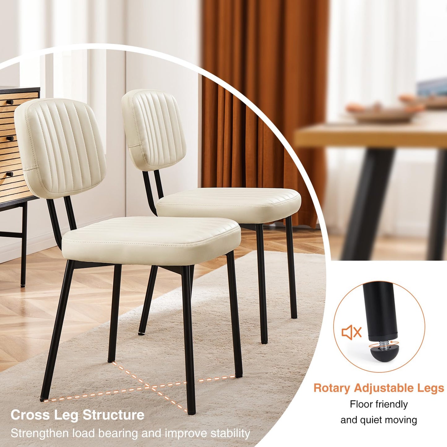 Sweetcrispy Dining Chairs Set of 2, Upholstered Mid Century Modern Kitchen Accent Chairs with Faux Leather Cushion Seat & Metal Legs for Home Office, Living Room-Beige White