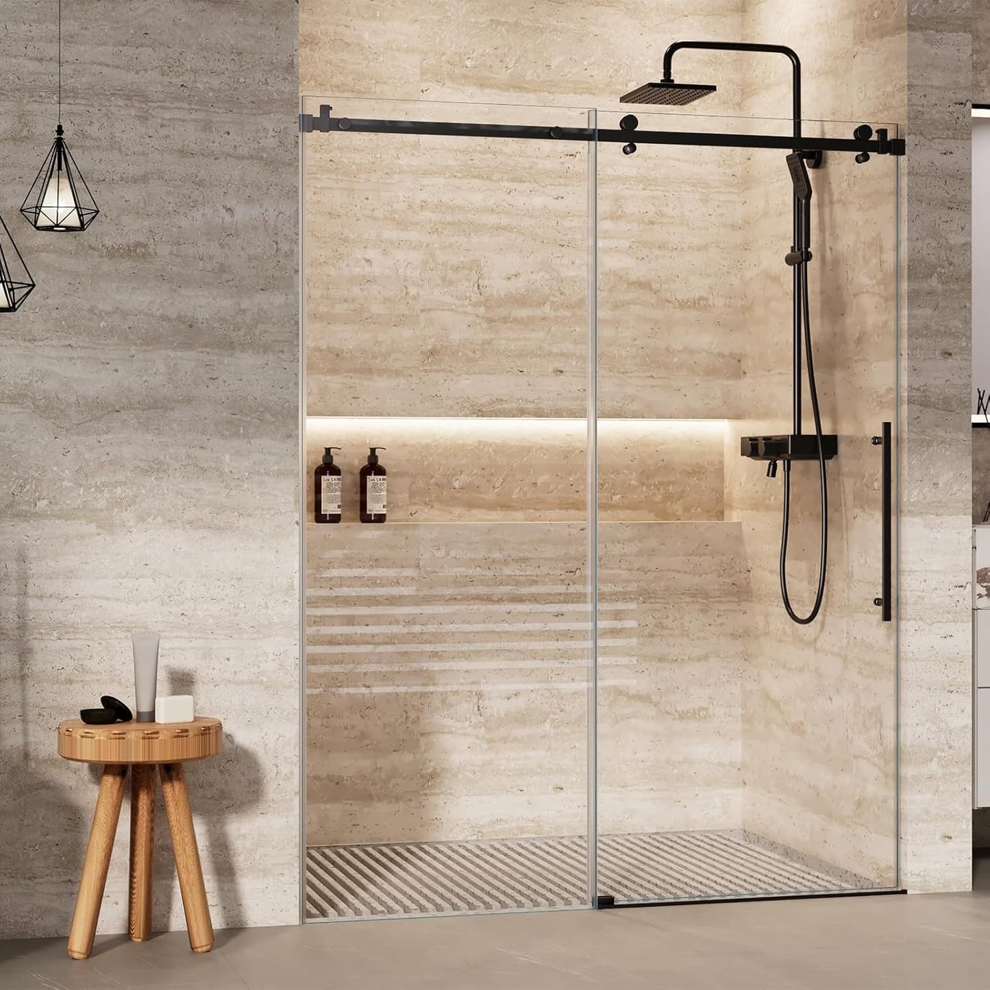 Shower Glass Door, 60 in W x 72 in H Frameless Sliding Shower Doors with Waterpoof Strip and Clear Sgcc 8mm Tempered Glass, for Walk-in Shower Enclosure Bathtub Bathroom, Black