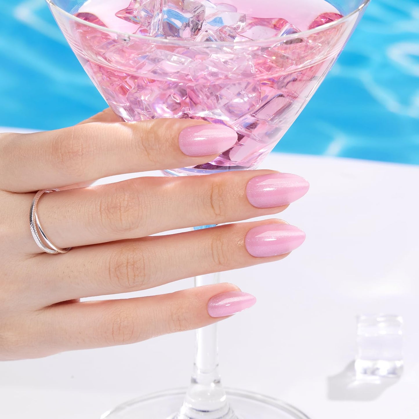 VSALON Press On Nails Short Almond - Pink Shimmer Pearl Fake Nails Kit for Women, Reusable Opaque Spring Summer Glue on Nails with Cuticle Oil - 32 Pcs with 16 Sizes
