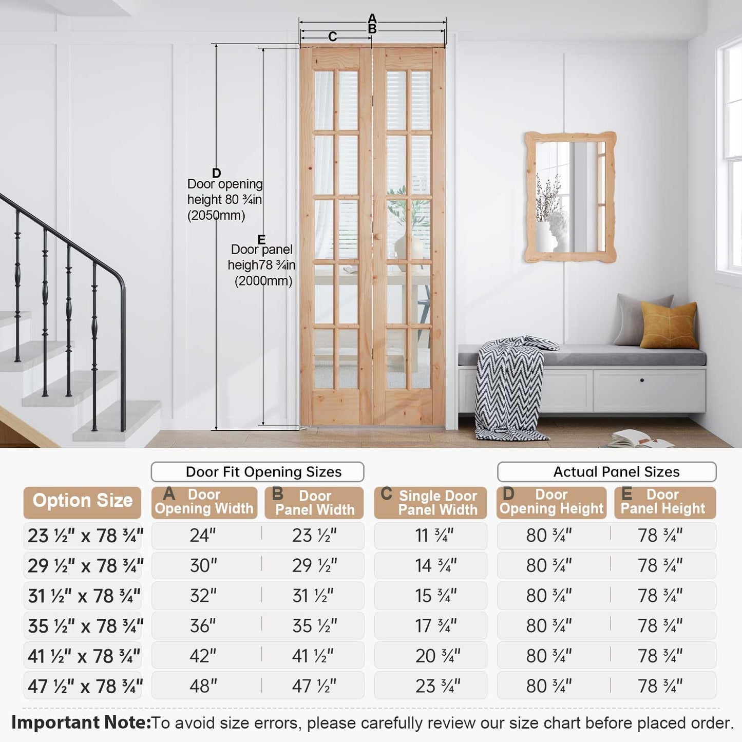 EaseLife Bifold Closet Door,for 32in x 80in (Double 16x80) Opening,French Glass Barn Doors with 2.66FT Concealed Bi-Fold Sliding Hardware Kit Included,Preassembled Door,Easy Install,DIY staining