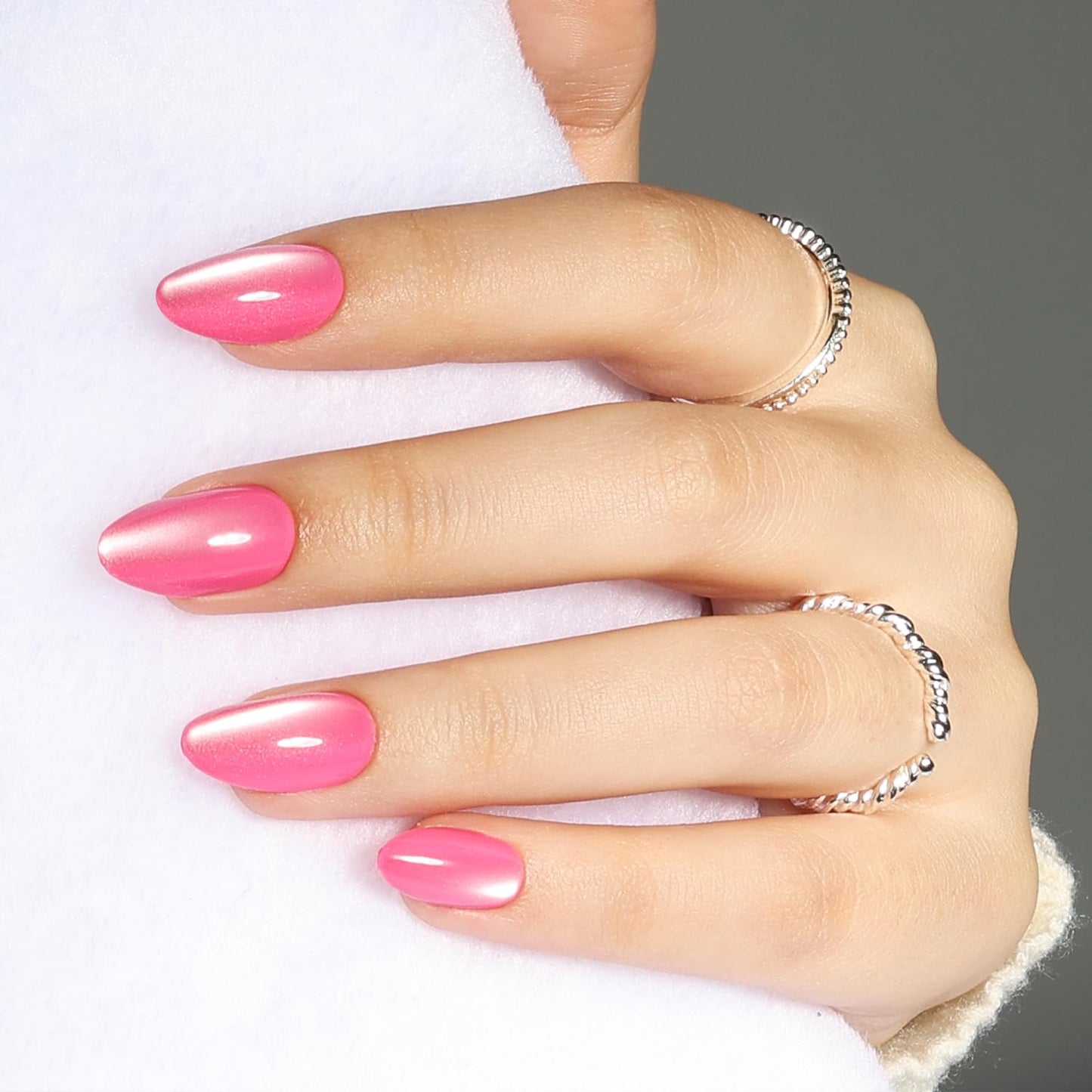 Leefrei Cat Eye Press On Nails - Glazed Candy Pink Press On Nails Short Almond Nails Press Ons for Women Fake Nails with Glue, Glossy Reusable Glue on Nail in 16 Sizes - 32pcs, Pink Stardust