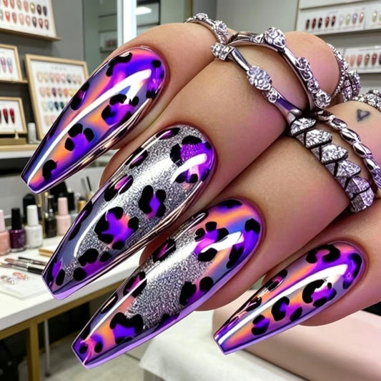 Chunmeng 24Pcs Long Ballet Press on Nails – Purple Halo Leopard Print, Reusable Salon Grade Fake Nails for Women