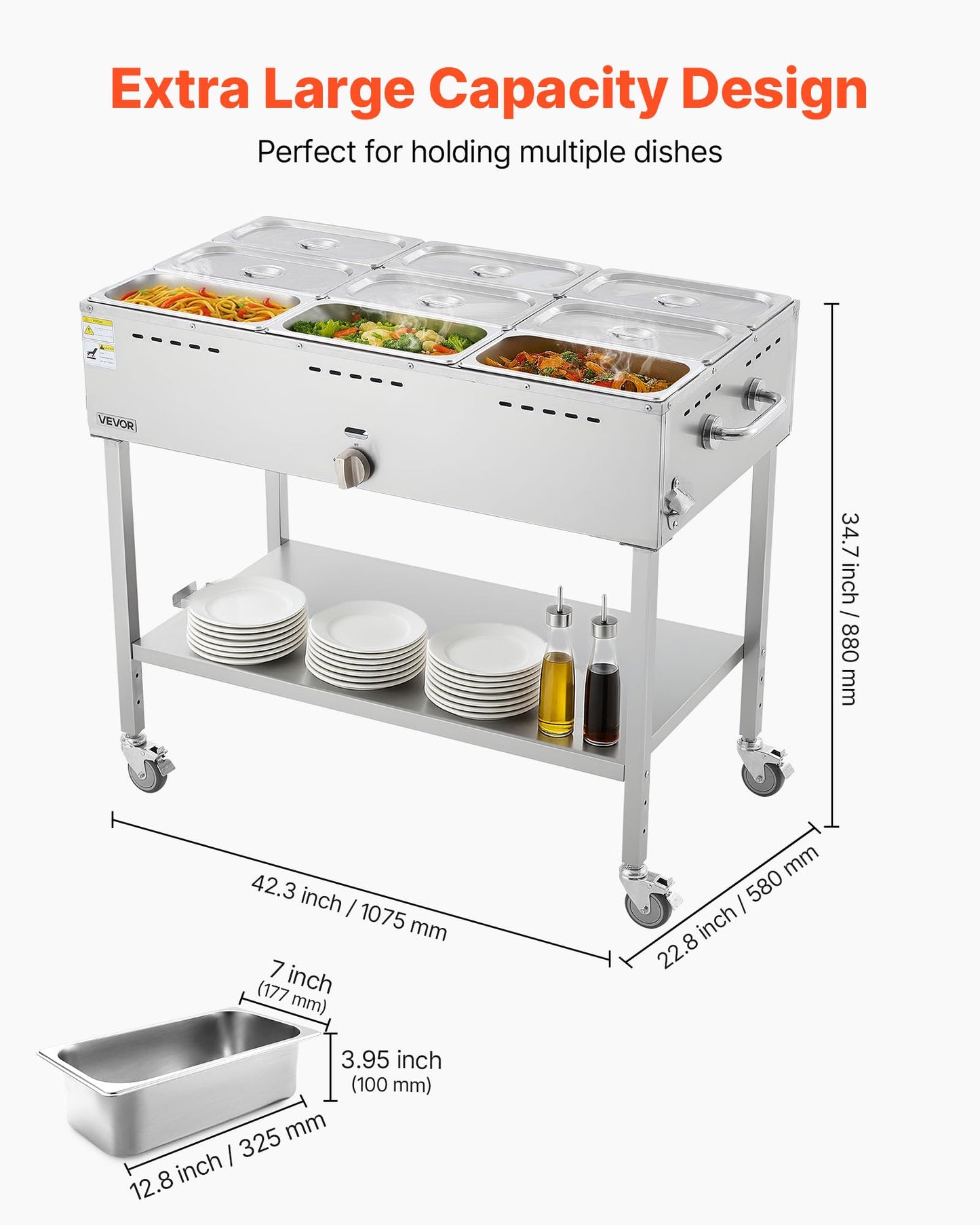 VEVOR 9-Pan Commercial Propane Steam Table, LP Gas Outdoor Soup Warmer with Drain Valve and 3" Wheels, Stainless Steel Propane Food Warmer with Adjustable Temperature, for Restaurant Outdoor Camping