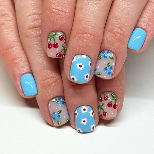 Spring Summer Press on Nails Short Square Fake Nails with Cherry Blueberry Designs Glossy Blue Press on False Nails Cute Flower Glue on Nail Fruit Floral Stick on Nail for Women 24Pcs