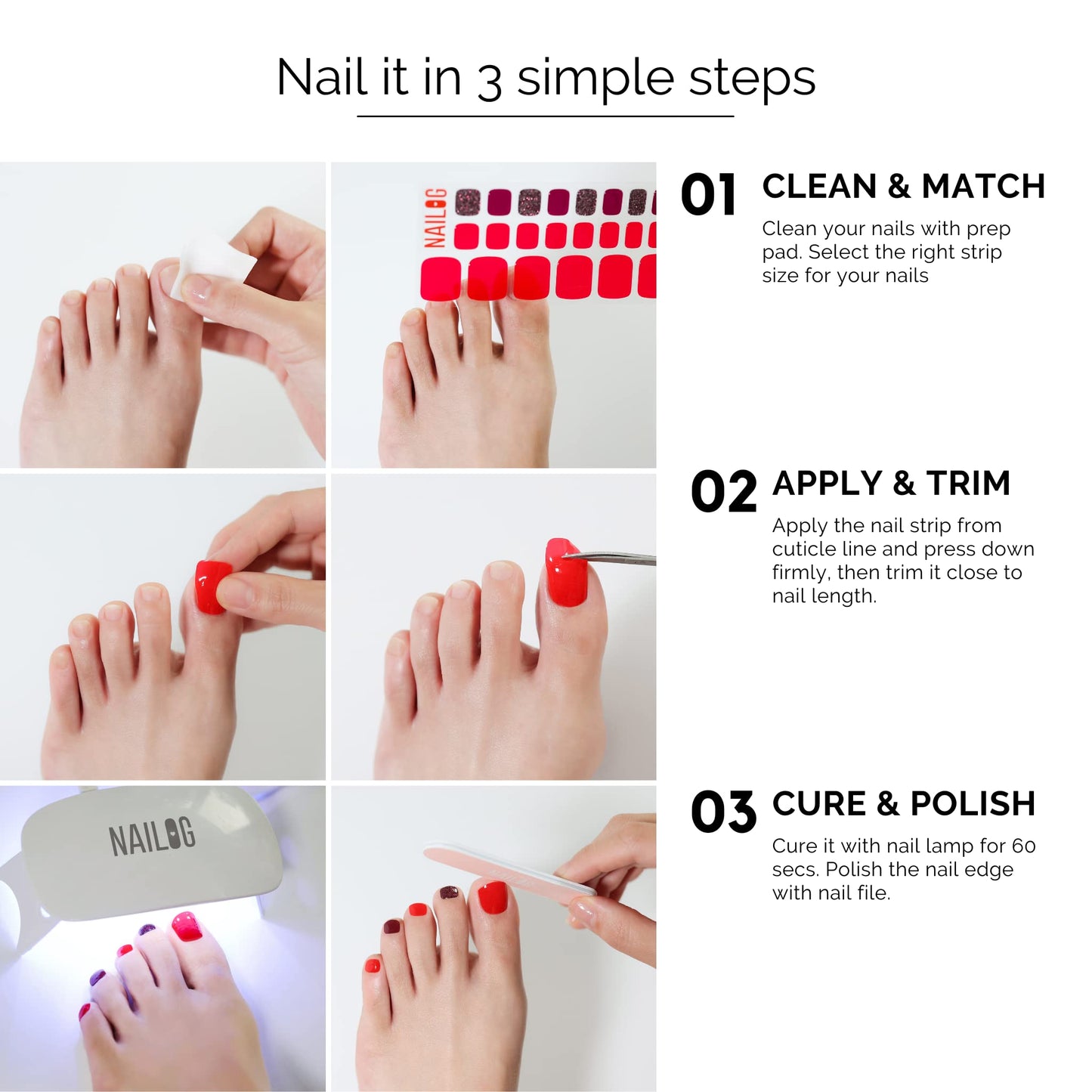 NAILOG Semi Cured Gel Nail Strips, Toe Nail Polish Strips with Glossy Gel Finishing | Buy 3 Get 1 UV Lamp| 32 Pieces Long Lasting Pedi Stickers | Red