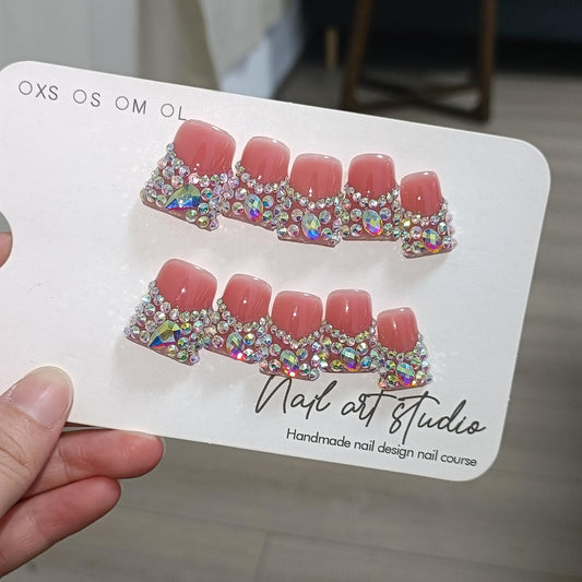 TENPAL 10Pcs Handmade Coffin Nails Kits,DuckBill Press On Nails With Tools,Icy Pink French Tip Fake Nails with Full Crystals Designs,Glitter Edgy Sweet Cool Acrylic Glue on Nails Short for Party(S)