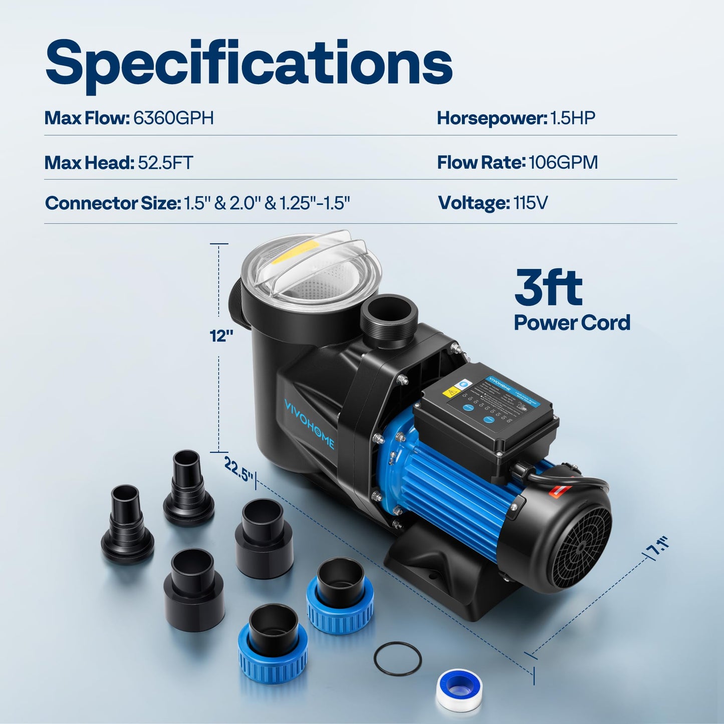 VIVOHOME 1.5HP 6360GPH Self-Priming Pool Pump with Timer, 115V for In/Above Ground Pools, 1.5" PVC Pipe & Hose Fittings w/Strainer Basket