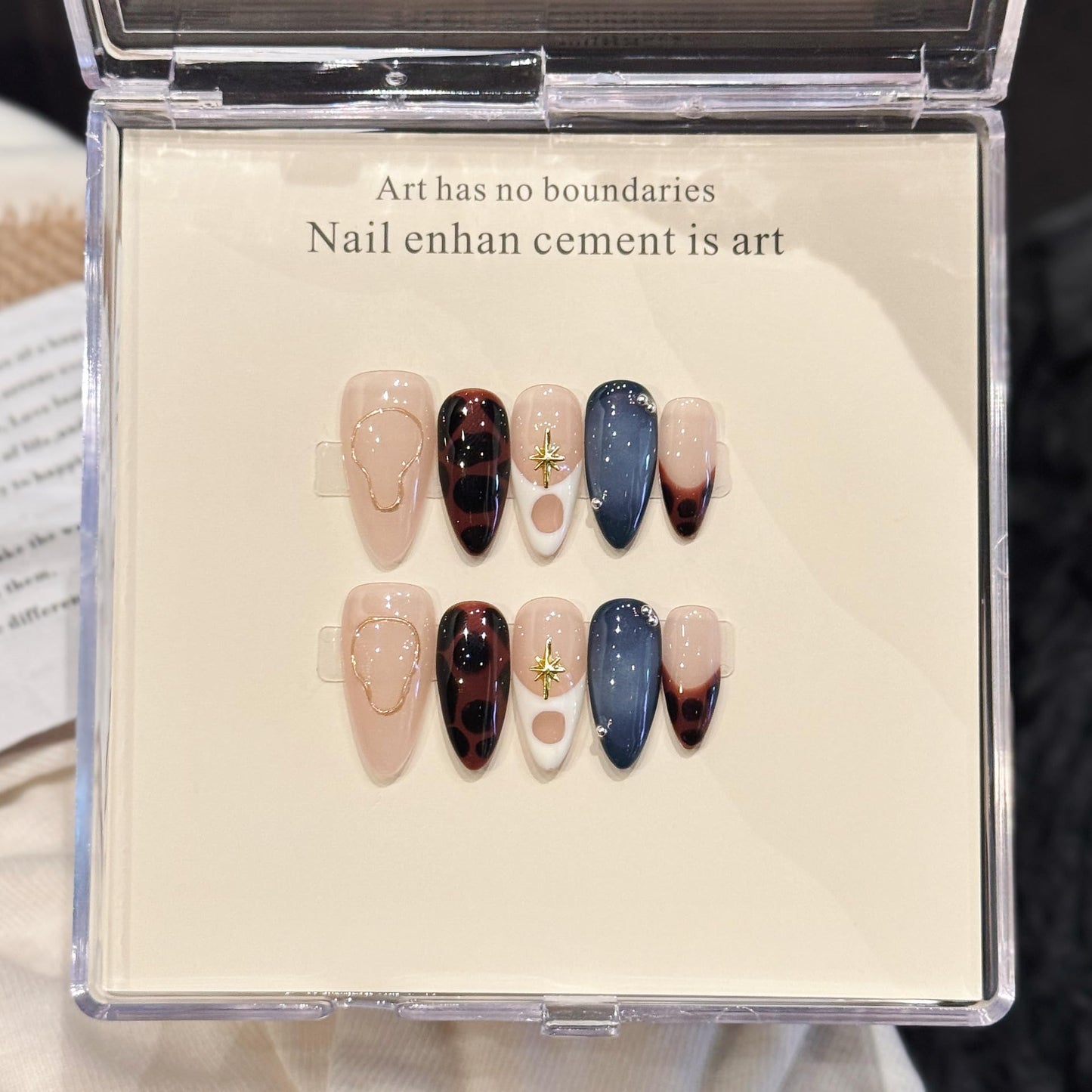 FANTACIEL Handmade Press On Nails Almond, 10PCS Ins Style Gold Foil Leopard French False Nails, Irregular 3D Fake Nails for Women Fashion Nail Art (Blue, S)