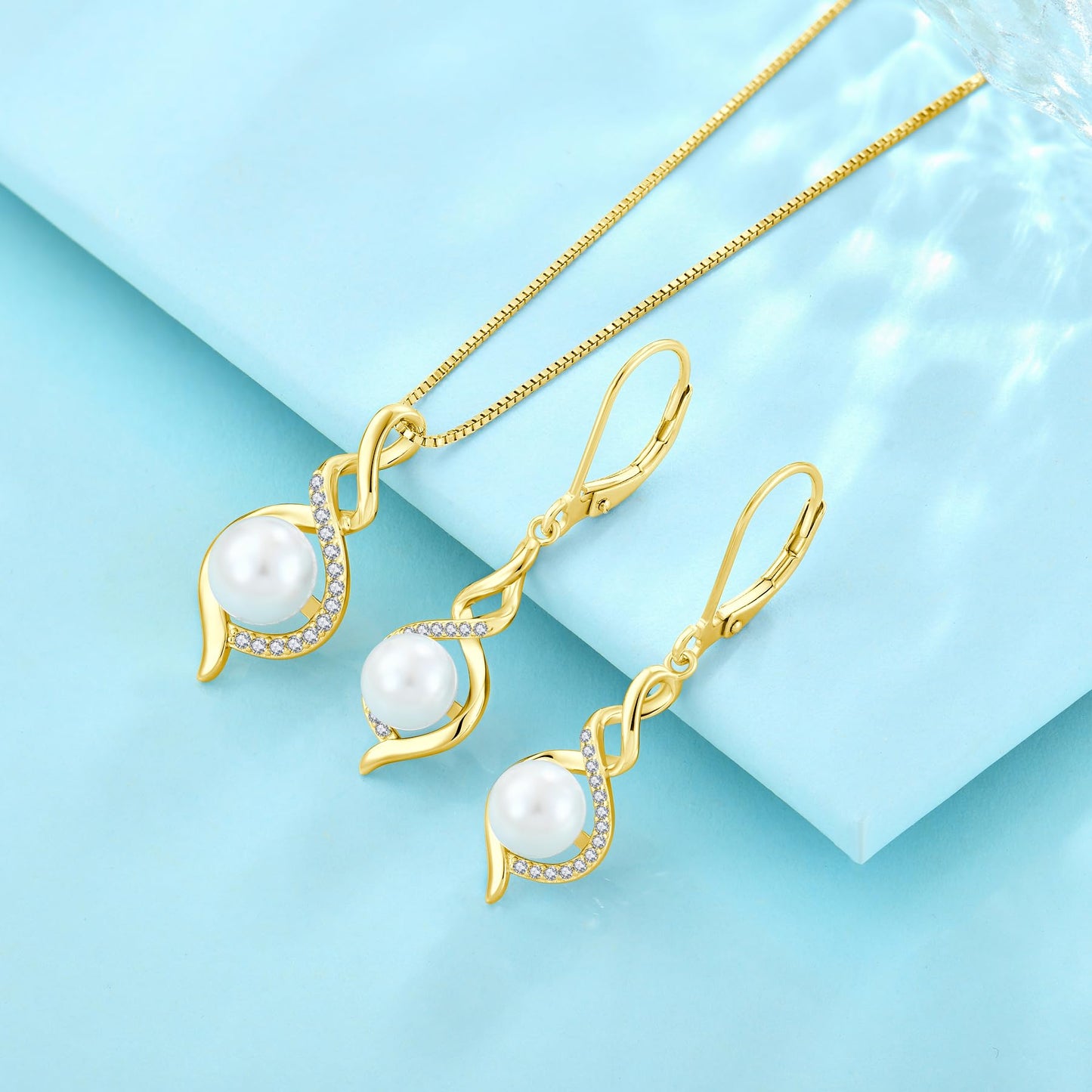 Rocayi Pearl 18K Yellow Gold Plated Infinity Earrings and Necklace Jewelry Set for Women