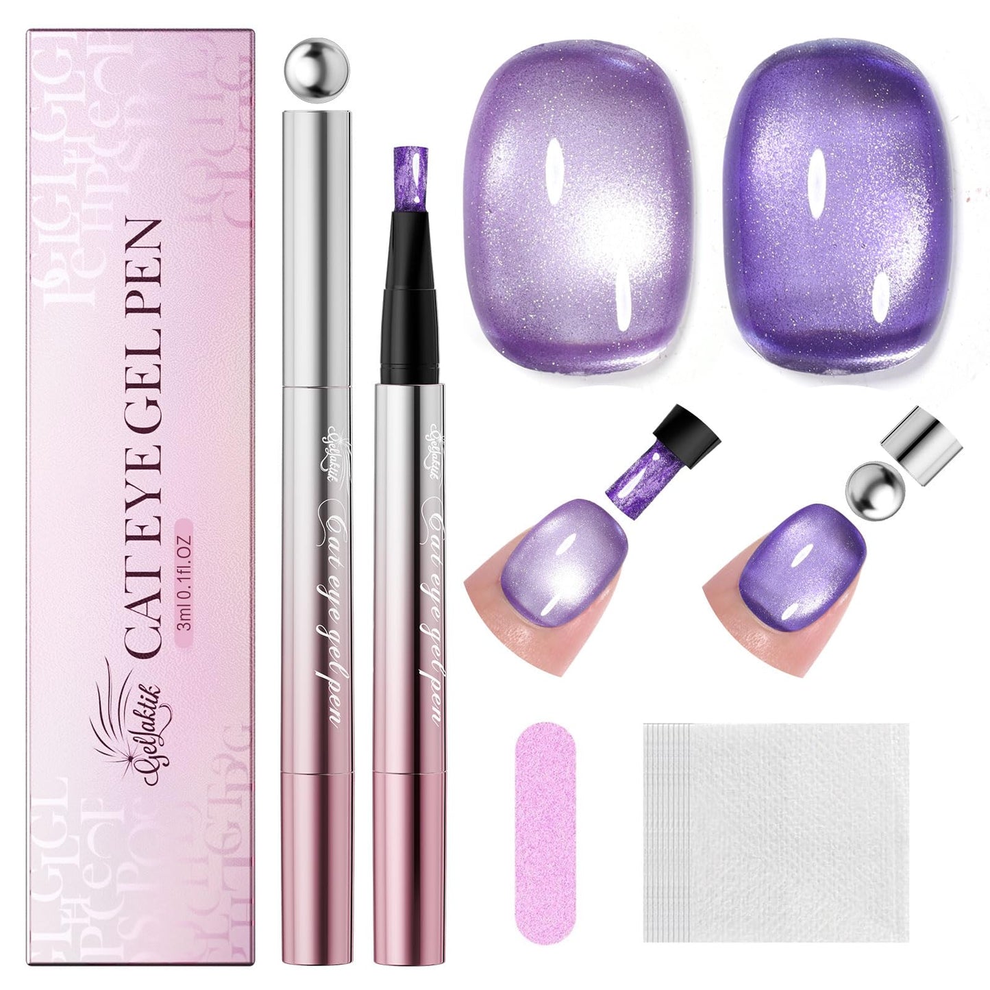 7-in-1 Cat Eye Gel Nail Polish Pen 2pcs, One Step Magnetic Gel Polish with Magnet, No Base/Top Coat Needed, Light Purple & Deep Purple Glassy Jelly Magnetic Gel Soak Off UV LED Nail Art DIY Home Salon