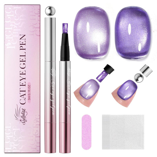 7-in-1 Cat Eye Gel Nail Polish Pen 2pcs, One Step Magnetic Gel Polish with Magnet, No Base/Top Coat Needed, Light Purple & Deep Purple Glassy Jelly Magnetic Gel Soak Off UV LED Nail Art DIY Home Salon