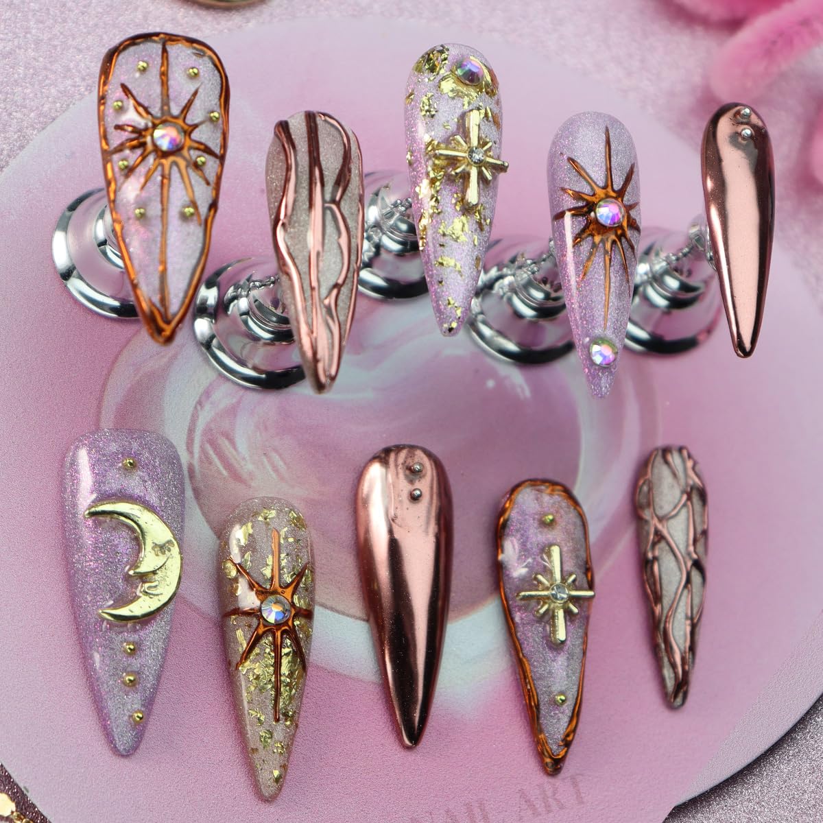 Star Moon Press on Nails Long Stiletto Fake Nails Pure Handcrafted Nail Mirror Effect Glue on Nails Glitter False Nail with Design Rhinestone Stick on Nail for Women Girls Luxury Manicure (S)