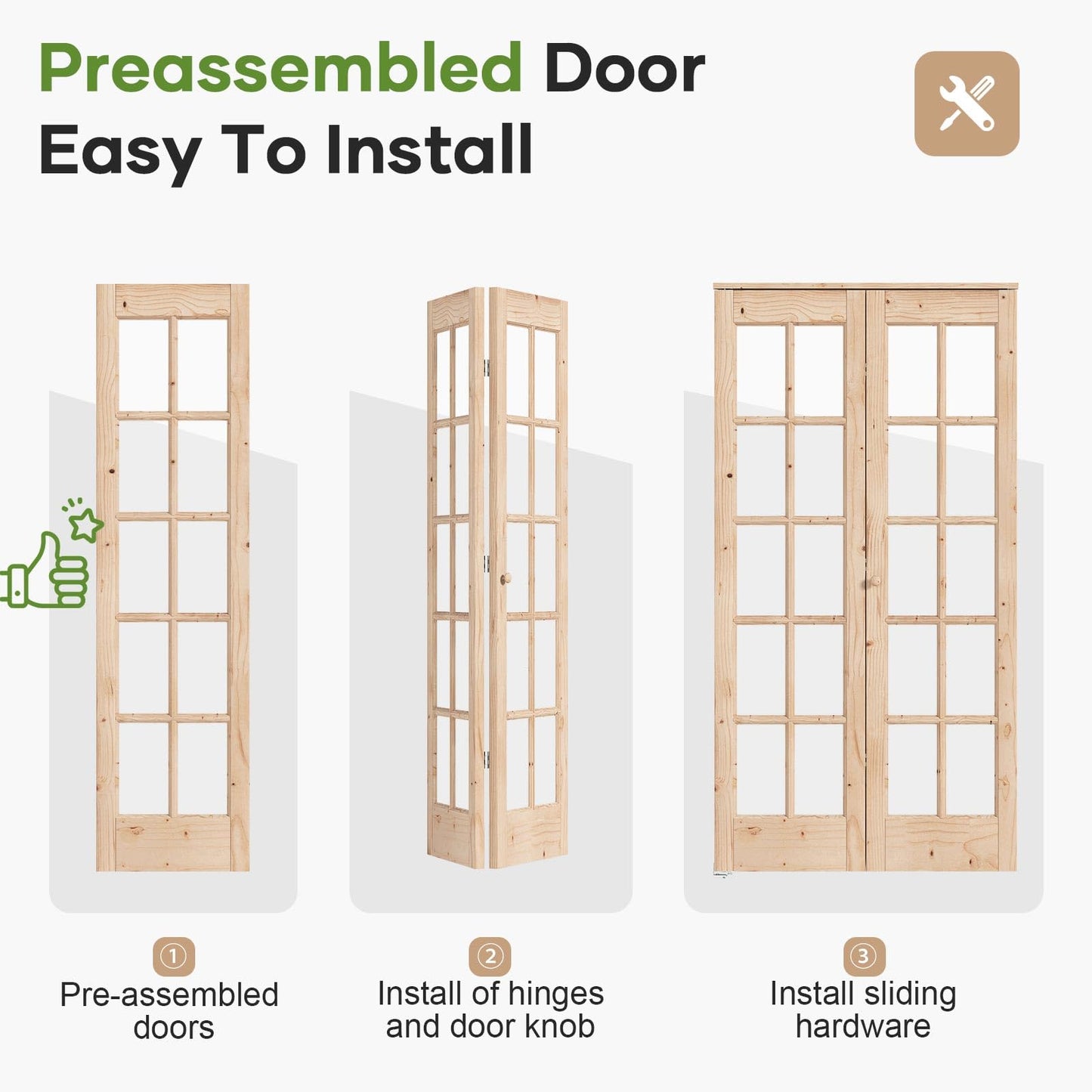 EaseLife Bifold Closet Door,for 42in x 80in (Double 21x80) Opening,French Glass Barn Doors with 3.5FT Concealed Bi-Fold Sliding Hardware Kit Included,Preassembled Door,Easy Install,DIY staining
