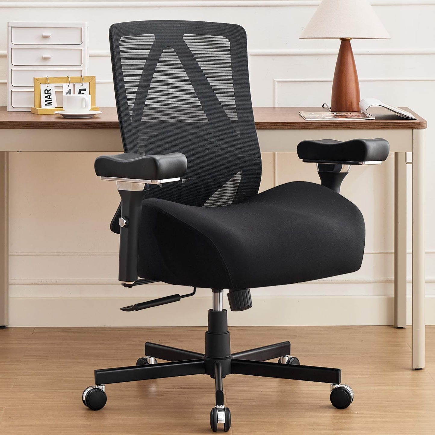 Office Chair 500lbs, Ergonomic Desk Chair with W-Shaped Thick Seat Cushion & 4D Armrest, Executive Mesh Desk Chair with Adjustable Lumbar Support, Swivel Task Chairs for Home Office Gaming, Black