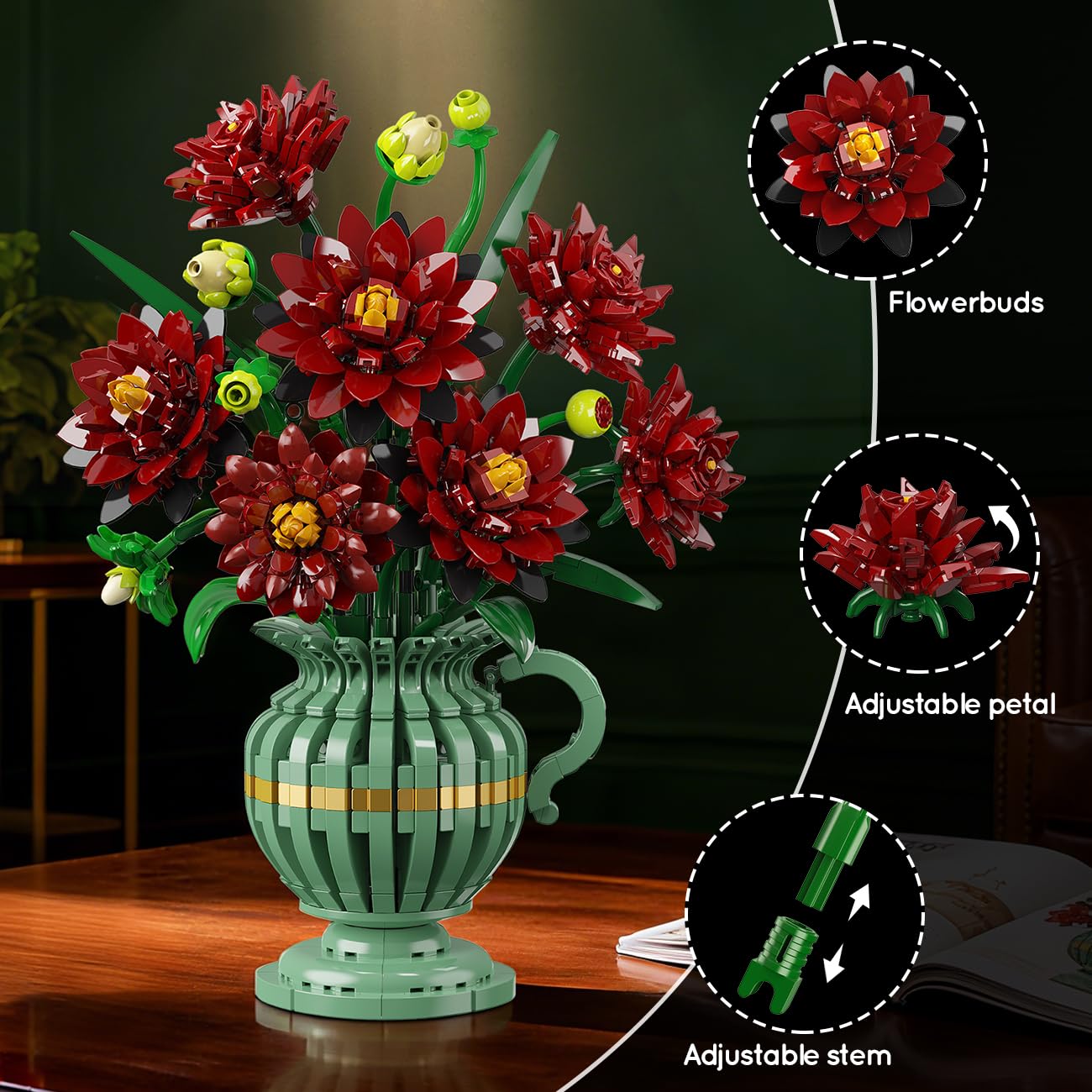 PLAXSOON Flowers Building Set, Dahlia Flower Bouquet Gift for Mothers Day Botanical Collection Building Block for Women Her Adult, 1482 PCS Gothic Plant Bonsai Kit Decor for Mom Wife Couple Girls 12+