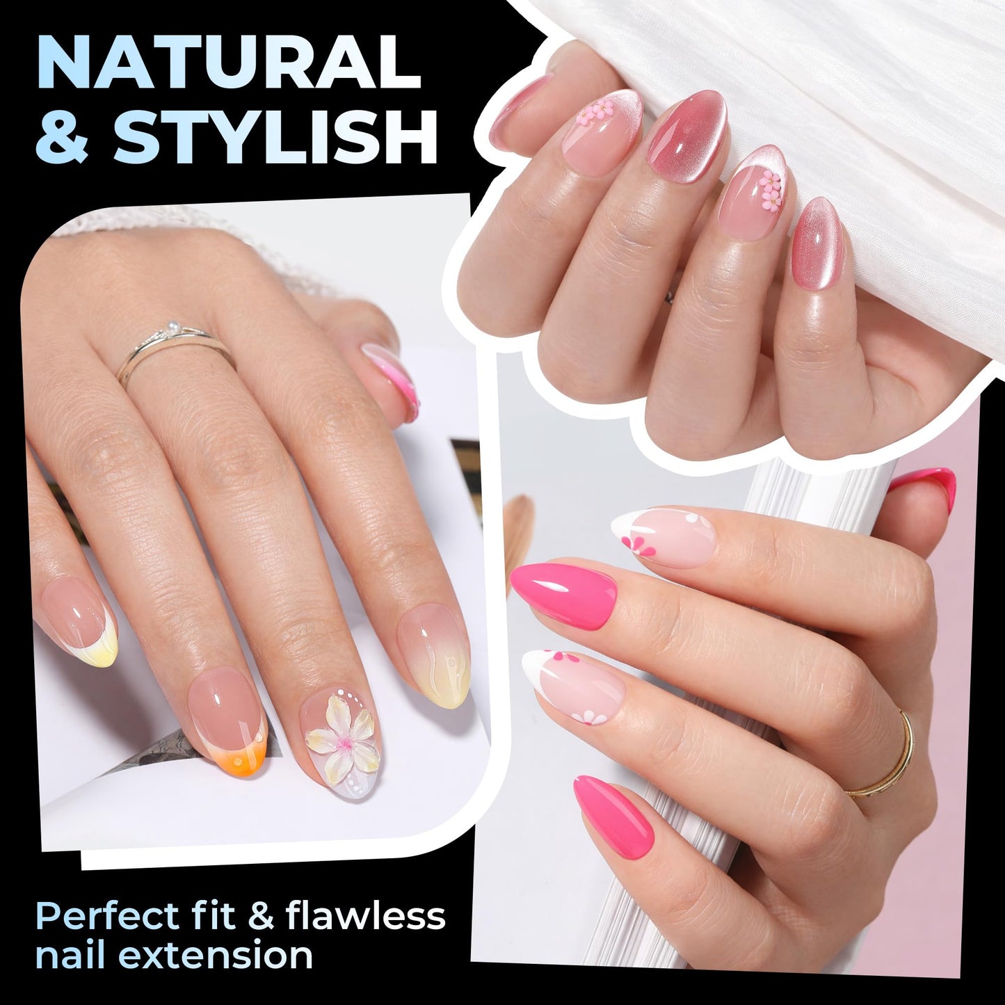 UNA GELLA Short Almond Nail Tips 15 Sizes 300PCS Pre-Etched Soft Gel Clear Nail Tips Easy DIY Salon Short Almond Press On Nails Snug Fit Acrylic Fake Tips Extensions Long-Lasting Hold