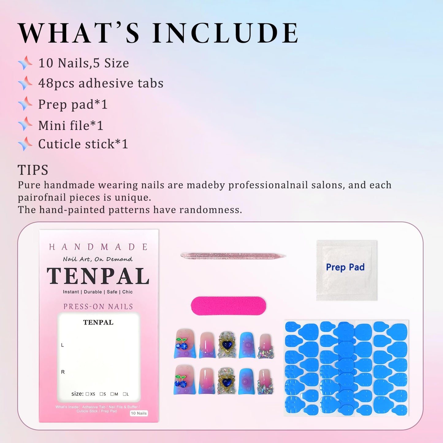 TENPAL Handmade French Tips Press on Duck Nails Kits - Icy Blue Purple Ombre Duckbill Nails with 3D Cherry Design, Acrylic Glossy Y2K False Nails for Women Girls Daily Parties(L)