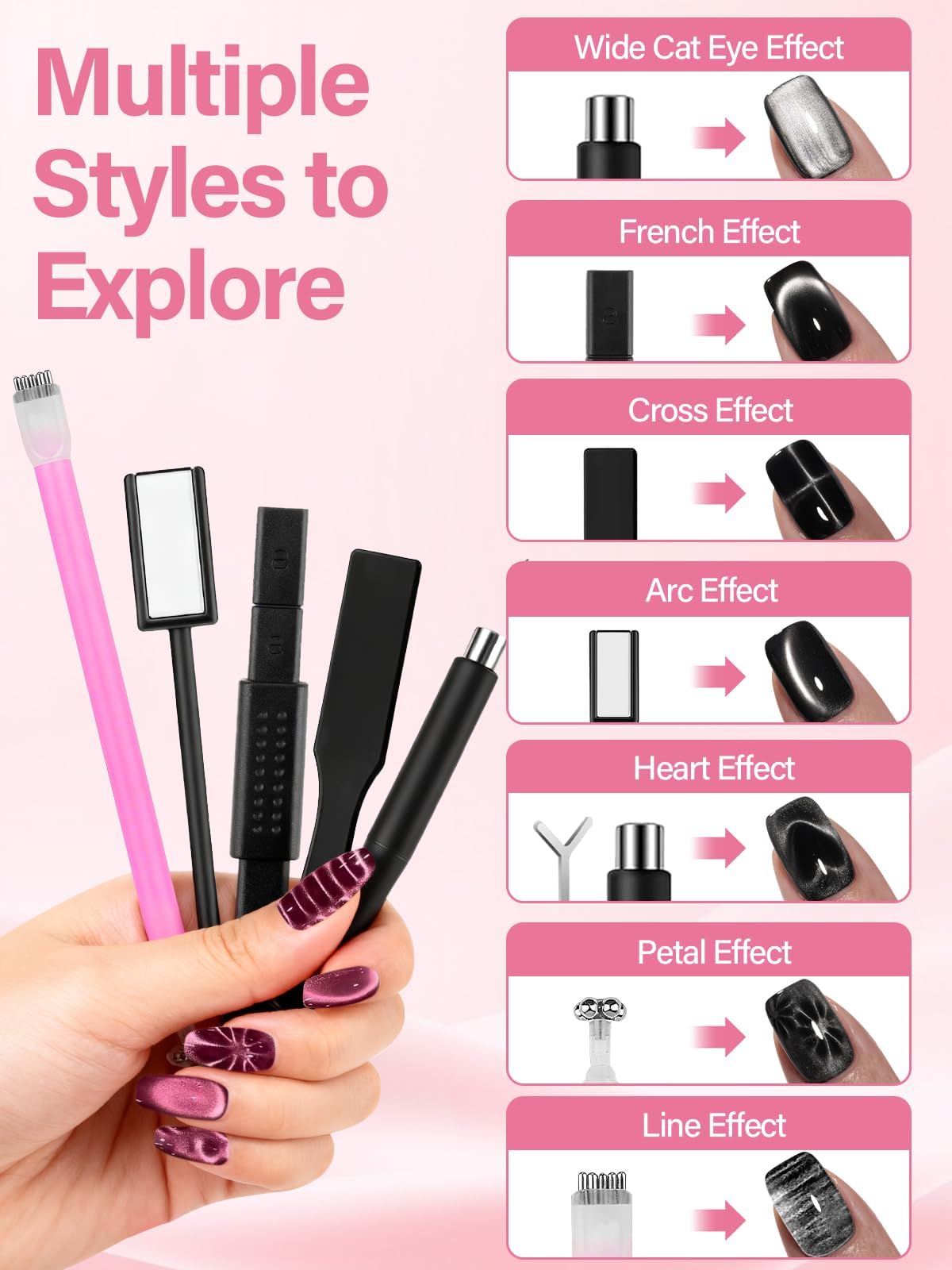 EBANKU Cat Eye Magnetic for Nails, 17PCS Cat Eye Gel Nail Polish Magnet Tools Powerful Set Wand Magnet for Nail Polish Square Round Y Shaped Heart Magnet Stick Diverse Glassy Cateye Effect